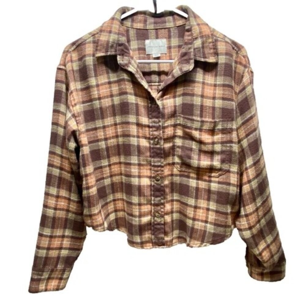 American Eagle Cropped‎ Flannel Women's Small Brown Orange Plaid Long Sleeve GUC